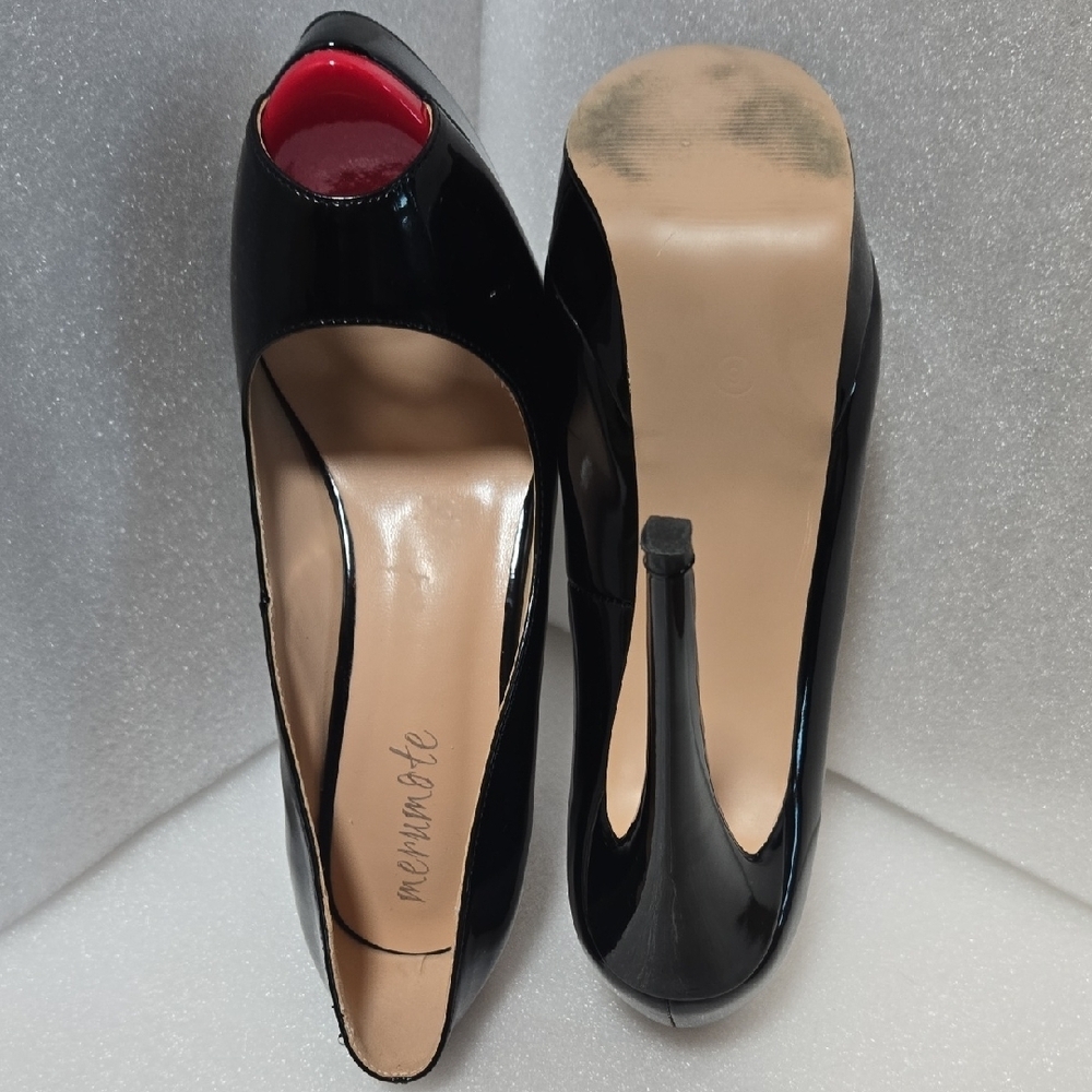 Marumote 6" SHINEY BLACK STILETTOS W/ RED PEEP VALENTINE'S  DIVA 9.5 - Picture 7 of 17